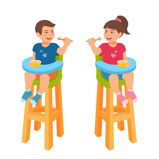 孩子们坐在婴儿高脚椅上，吃着早餐麦片。蹒跚学步的男孩和女孩拿着勺子和燕麦粥。那孩子戴着婴儿围嘴。孩子微笑。图片下载