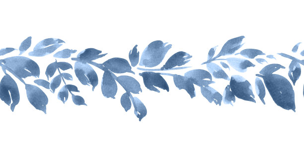水彩花水平无缝图案与海军蓝叶素材图片
