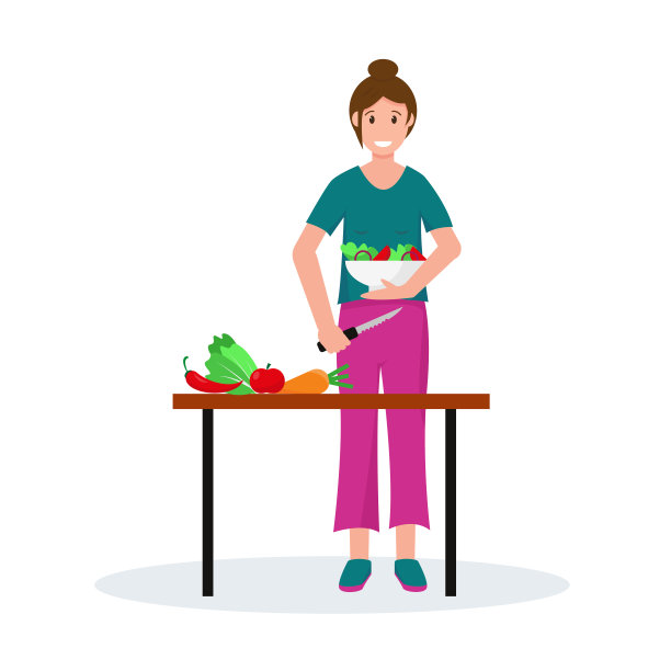 一个女人在厨房里做沙拉。家庭主妇在家。家庭的概念设计。矢量插图上的白色背景。图片下载