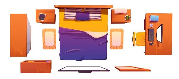 矢量卧室内部设置顶视图图片下载