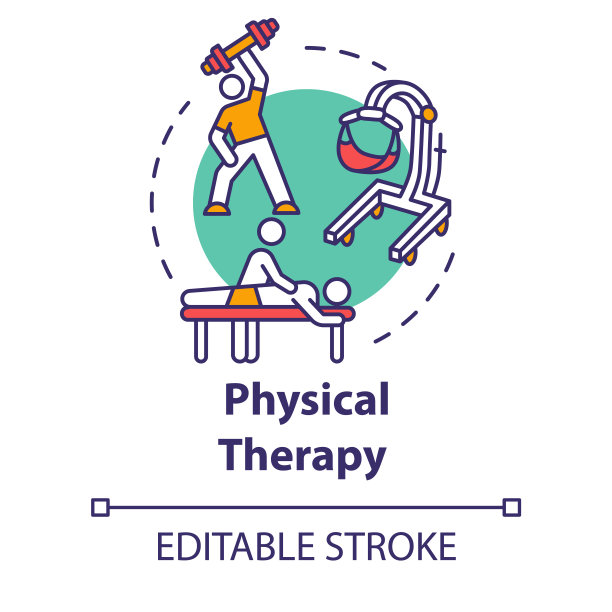 物理治疗概念图标。在健身房锻炼，按摩，脊椎按摩。康复过程。理疗理念细线插图。矢量隔离轮廓RGB彩色绘图。可编辑的中风图片下载