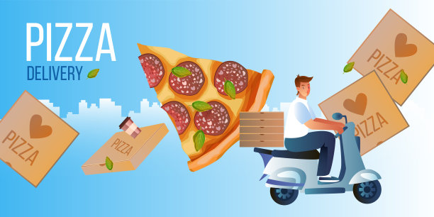 年轻快递员驾驶滑板车、盒子、逼真意大利辣香肠片的免费送货概念图片下载