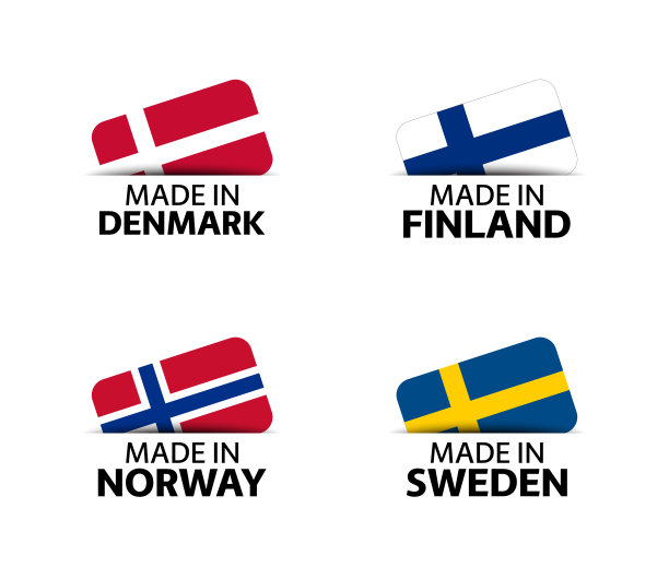 一套四张丹麦、芬兰、挪威及瑞典贴纸。“丹麦制造”、“芬兰制造”、“挪威制造”和“瑞典制造”。简单的图标与旗帜隔离在一个白色的背景图片下载