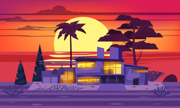海滨日落海滩豪华别墅别墅别墅休息与棕榈树和植物，海，海。公路附近的现代建筑。阳光明媚的夏天风景，一天假期海边。矢量模板旗帜孤立插图图片下载