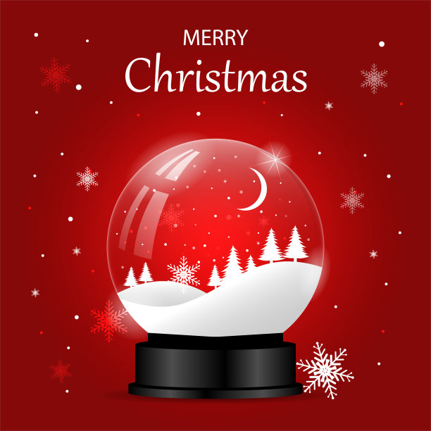 玻璃圣诞球，里面有圣诞树和雪。红色背景上的设计。矢量插图。圣诞水晶雪花球。素材图片