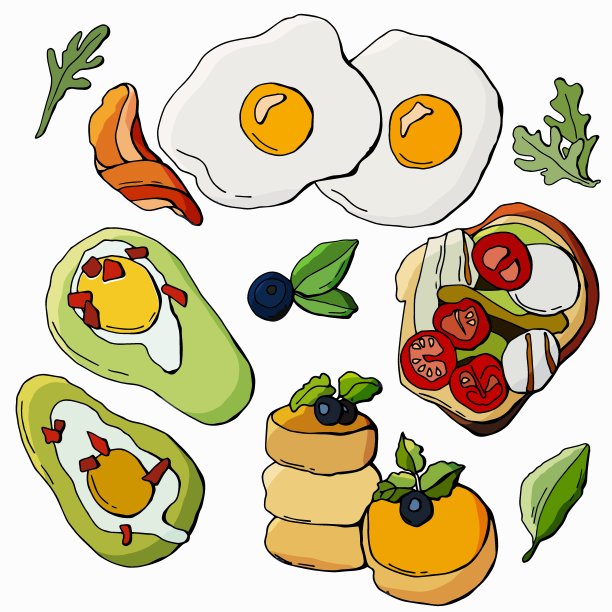 早餐设置在一个孤立的白色背景上图片下载