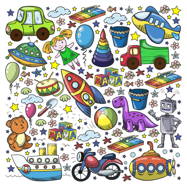 婴儿玩具。矢量平面风格卡通插图。木制和塑料玩具，乐趣和活动。幼儿园,托儿所。图片下载