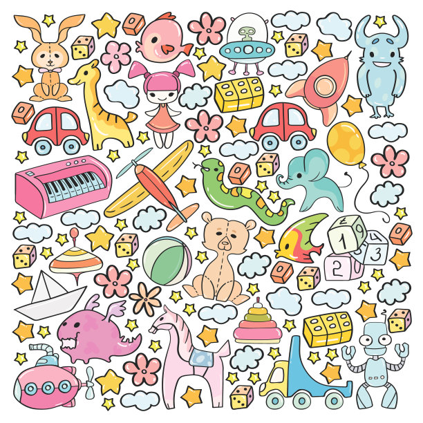 矢量图案与儿童玩具。幼儿园元素在涂鸦风格的小孩。教育、游戏、成长图片下载