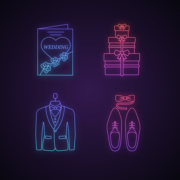 婚礼策划霓虹灯图标集图片下载