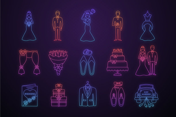 婚礼策划霓虹灯图标集图片下载