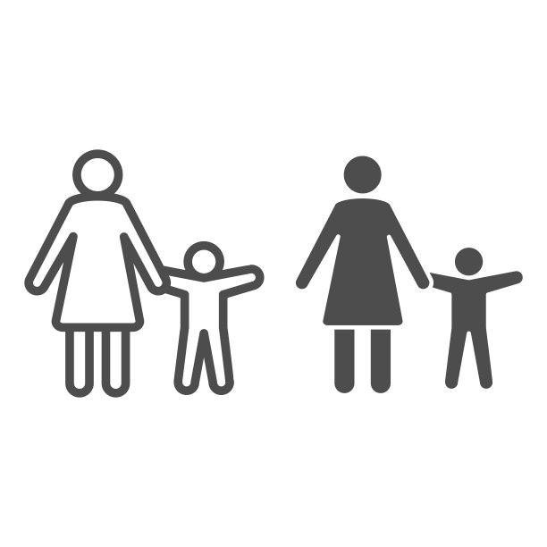 母亲与孩子线和固体图标，儿童保护符号，父母和孩子剪影矢量标志的白色背景，母亲和儿子的图标轮廓风格的移动和web。矢量图形。图片下载