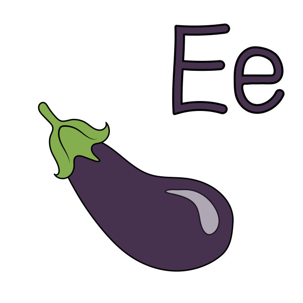 e字茄子，中国萝卜的卡通轮廓。向量轮廓徒手画，素描，蔬菜，黑色线条，孤立的白色背景，视觉材料的研究字母。图片下载