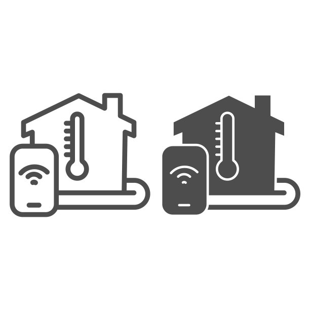 建筑和温度计与智能手机线和固体图标，智能家居符号，远程加热控制矢量标志在白色背景，移动电话与室内温度图标的轮廓。向量。图片下载
