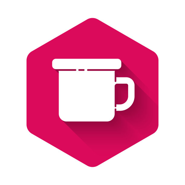 白色露营金属杯图标孤立与长影子。粉红色的六角按钮。矢量图图片下载