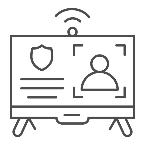 保安护卫员监视器和人的轮廓细线图标，智能家居符号，人识别监视矢量标志上的白色背景，监视器与个人数据图标轮廓。向量。图片下载