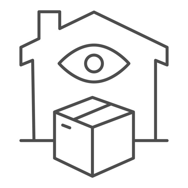 房子与眼睛和盒子细线图标，智能家居符号，远程订单交付控制矢量标志上的白色背景，远程购物和交通跟踪图标在轮廓风格。向量。图片下载