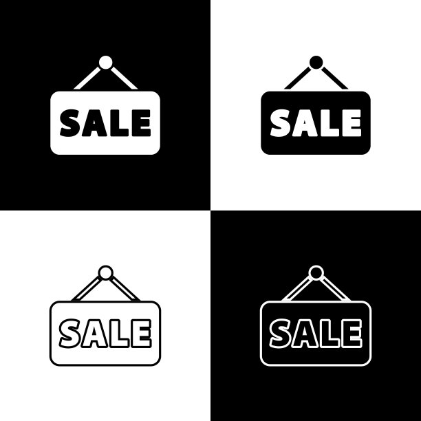 设置悬挂标志与文字销售图标隔离在黑色和白色背景。招牌上有文字销售。矢量图图片下载