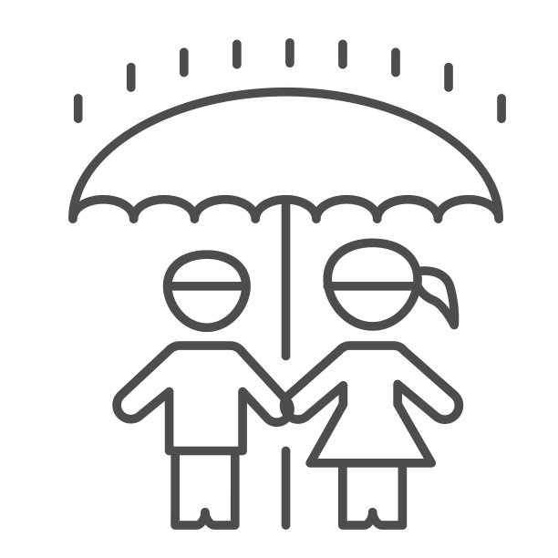 儿童伞下的细线图标，6月1日儿童保护日概念，男孩和女孩站在雨下一个大伞标志，白色背景轮廓风格的手机和网页。图片下载
