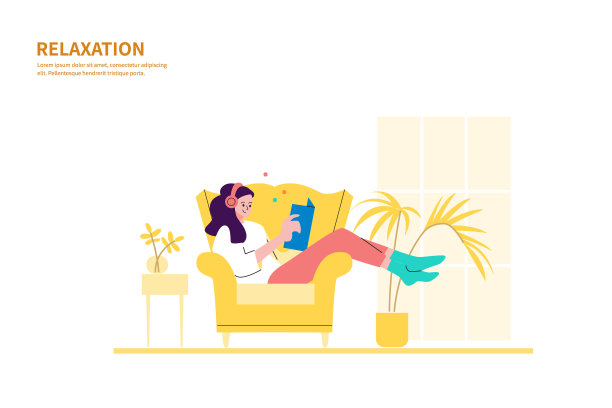 年轻女子坐在沙发上看书和听音乐在房间或公寓。图片下载