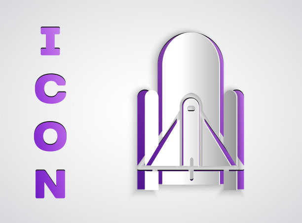 火箭发射从太空港图标孤立在灰色背景。向太空发射火箭。纸艺术风格。矢量图素材图片