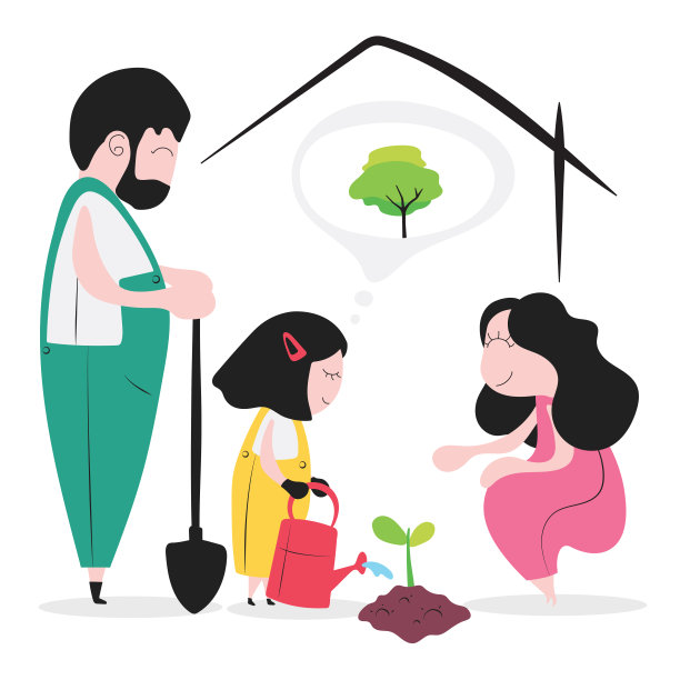 一幅新常态的漫画，展示了新冠病毒或冠状病毒传播期间，家庭和孩子在家种植植物图片下载