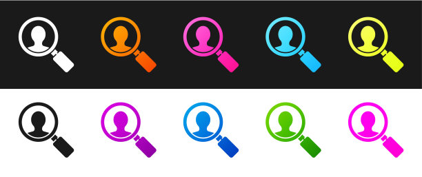设置放大镜搜索人的图标隔离在黑色和白色背景。招聘和选拔。寻找雇员和工作。矢量图图片下载