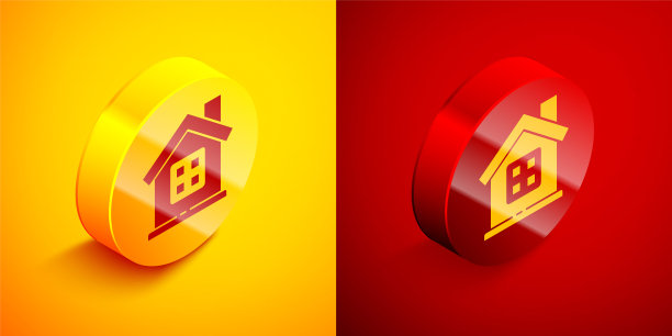 等距房子图标孤立在橙色和红色的背景。家的象征。圆按钮。矢量图图片下载