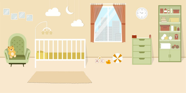 舒适的婴儿室内，婴儿房，平面风格矢量插图模板图片下载