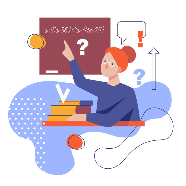 教师在黑板上的扁平的程式化的插图。有书的女人解释数学图片下载