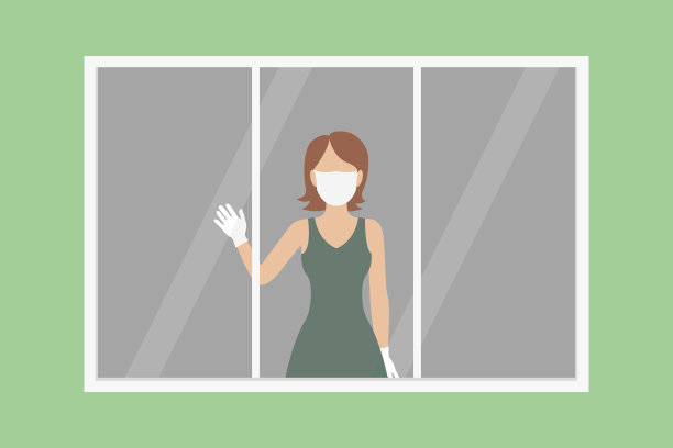 一个白人妇女站在医院窗户旁边，挥手。矢量图图片下载