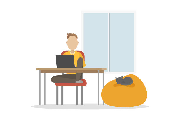 坐在桌旁使用笔记本电脑的男人矢量插画图片下载