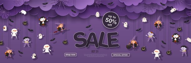 万圣节的销售横幅上有云朵、女巫、吸血鬼、鬼魂、蝙蝠、妈咪、南瓜图片下载