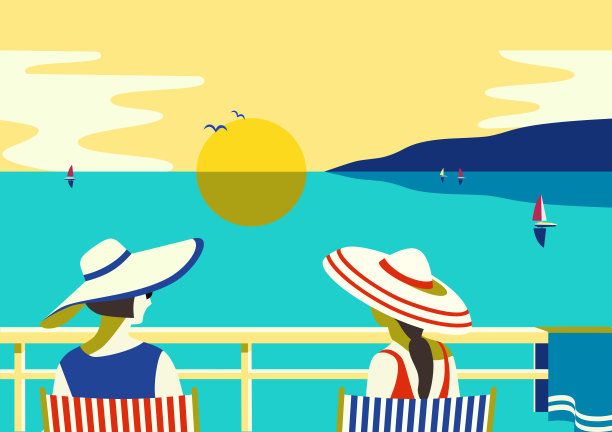 女性享受日落海景阳台矢量图片下载