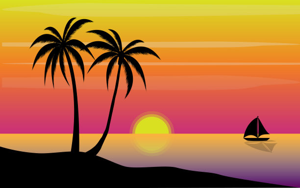 日落在海滩与棕榈树海景图片下载