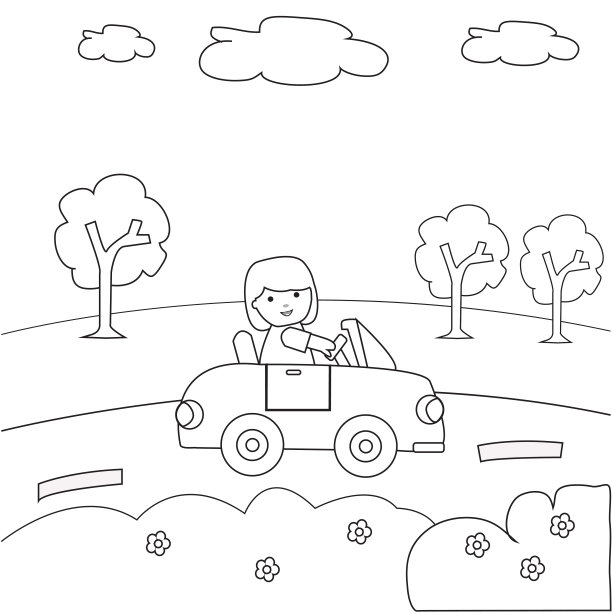女孩驾驶汽车着色书轮廓图片下载