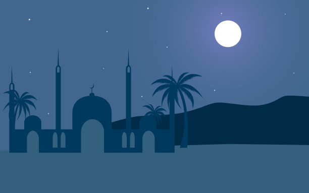 天空的月亮清真寺枣棕榈树阿拉伯风景图片下载