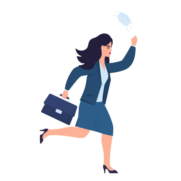 商务女性在一个西装和公文包匆忙工作后，办公室检疫。女孩跑过去，扔出一个防护医用口罩图片下载