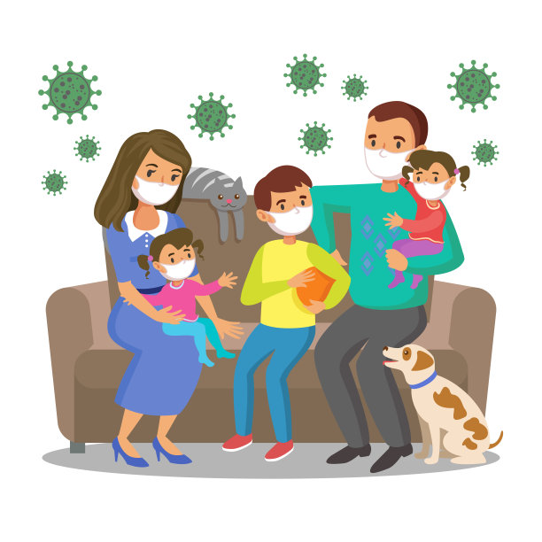 家人戴着防护口罩。预防冠状病毒。因为新冠肺炎，母亲、父亲和孩子都呆在家里。矢量插图。图片下载