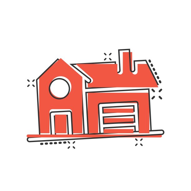 以漫画风格构建图标。家庭卡通矢量插图在白色孤立的背景。房子喷溅效应的经营理念。图片下载