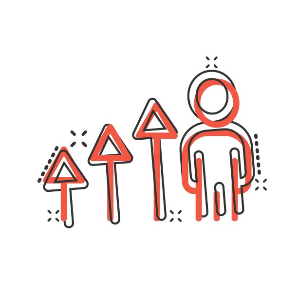 人们在漫画风格的增长箭头图标。工作策略卡通矢量插图在白色孤立的背景。培训喷溅效果办公室经营理念。图片下载