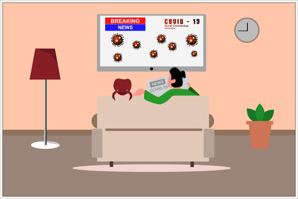 母亲和女儿看电视新闻- Covid-19报道图片下载