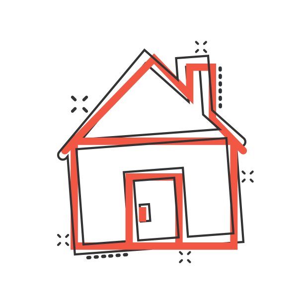 以漫画风格构建图标。家庭卡通矢量插图在白色孤立的背景。房子喷溅效应的经营理念。图片下载