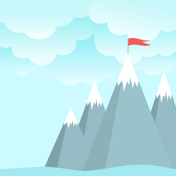 山顶上的红旗。成功，高结果的象征。风景有山和云。图片下载