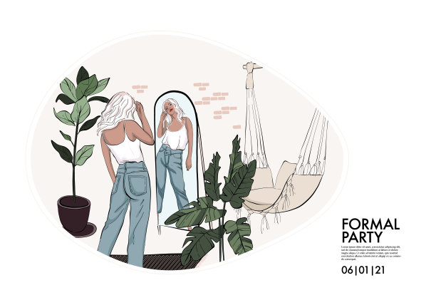 女人在镜子里看插图，金发女孩反射素描，家庭休闲活动艺术刊物和广告，杂志手绘人在周末的生活方式艺术矢量图片下载