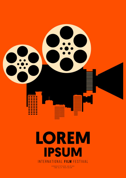 电影和电影海报设计模板背景与老式电影相机和城市景观图片下载