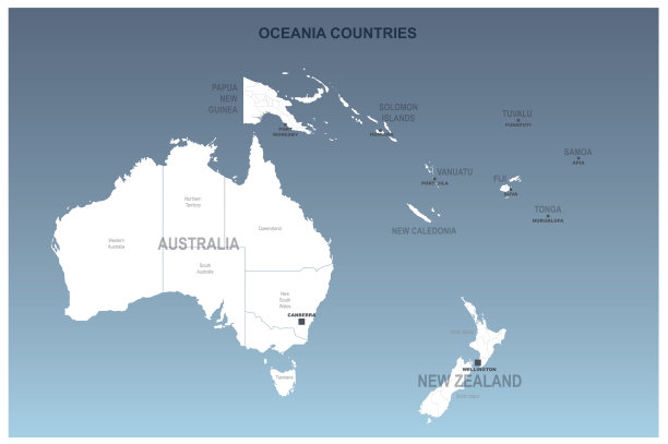 详细的大洋洲国家地图。大洋洲国家矢量图。图片下载