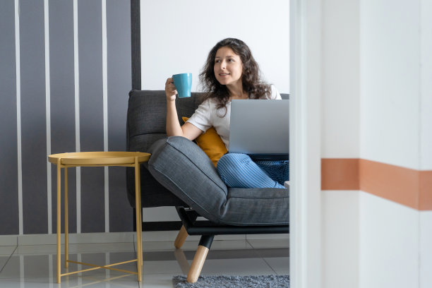 漂亮女孩坐在时髦的房间里的沙发上，拿着笔记本电脑。居家办公工作气氛好心情好图片下载