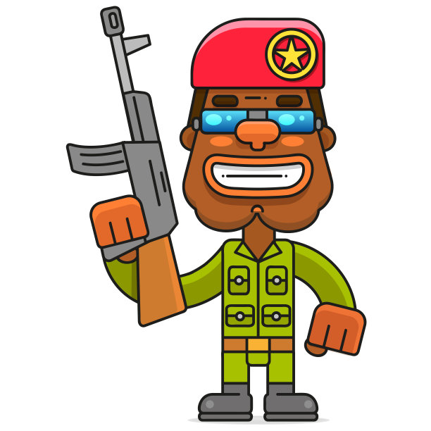 非洲本土卡通。一个带着机关枪的战士。不寻常的符号模板孤立在白色背景上图片下载