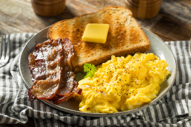 美国自制炒鸡蛋加培根早餐图片下载