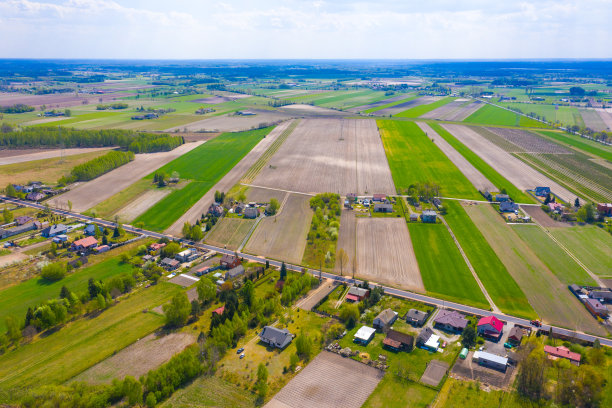 鸟瞰图的农村与村庄和农田的农作物在夏天图片下载